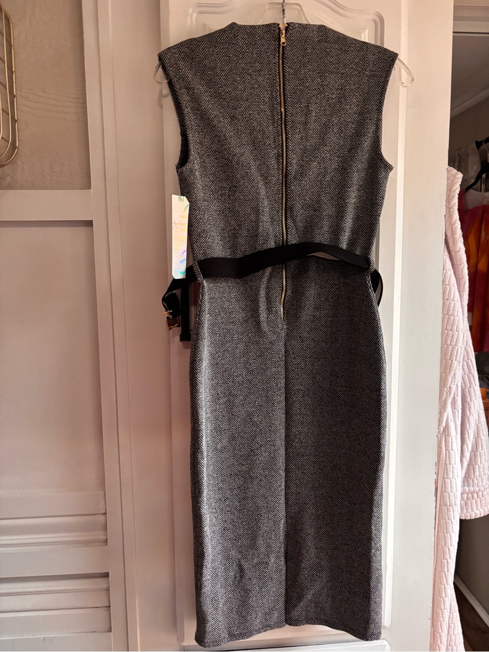 Almost Famous Gray Herringbone Midi Sheath Dress with Black Belt - Picture 10 of 10